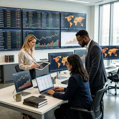 financial analysts reviewing global market data